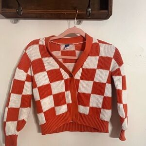 Kids Checkerboard Orange and White Cardigan